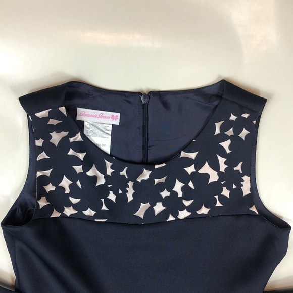 Bonnie Jean Dark Navy Blue Cutout Print Tie Front Pleated Formal Dress - Picture 6 of 13